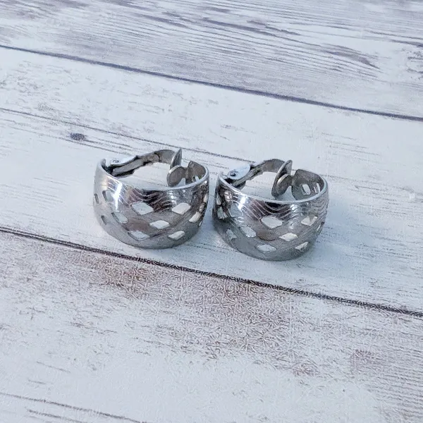 Vintage Clip On Earrings Silver Tone Cut Out Design Hoops with Pattern - Image 3