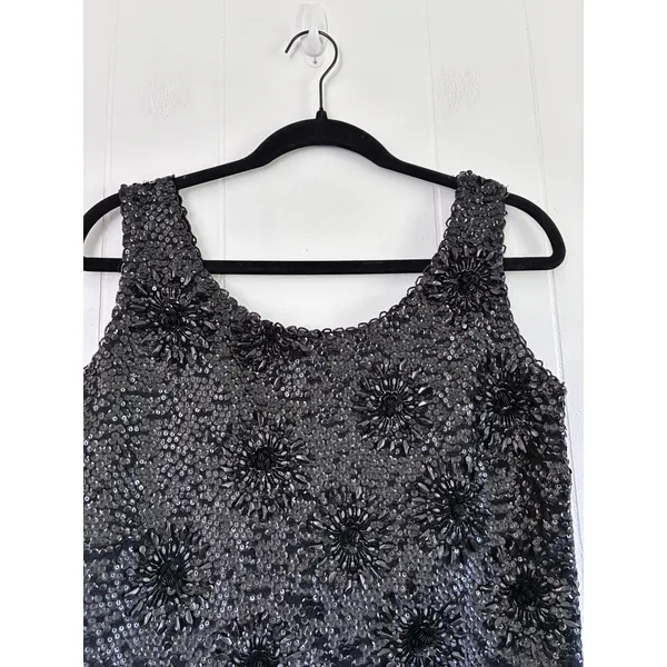 Vintage‎ Hand Beaded Wool Shell Top Black Sequin Floral Fringe Tank M WPL 3526 - Image 6