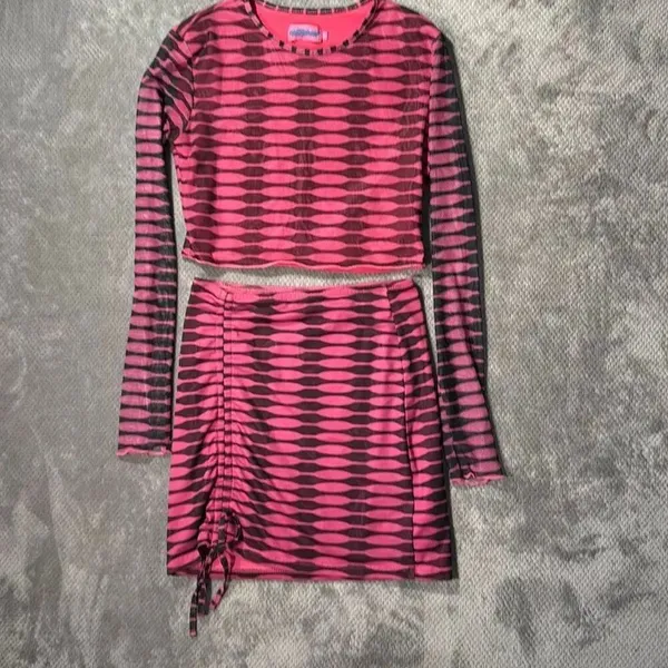 Edikted Pink Black Zebra Mesh 2 Piece Set Crop Top Ruched Mini Skirt Size M Y2K - Image 2