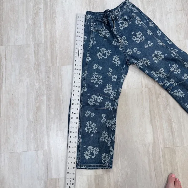 Flamingals Blue Daisy Floral Barrel Jeans Large High Rise Retro - Image 5