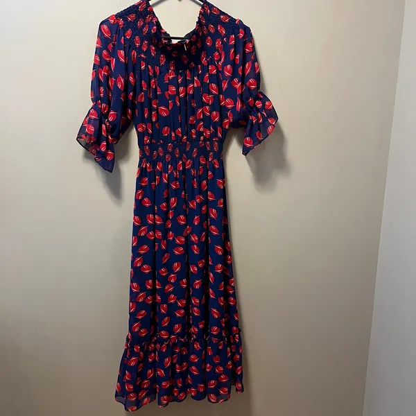 MISA Off Shoulder Midi Dress Blue Red Floral Boho Romantic Cottagecore Flowy‎ MD - Image 7