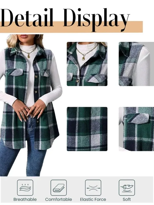 Cute Duck Women's Green Plaid Sleeveless Long Vest Jacket XL - Image 4