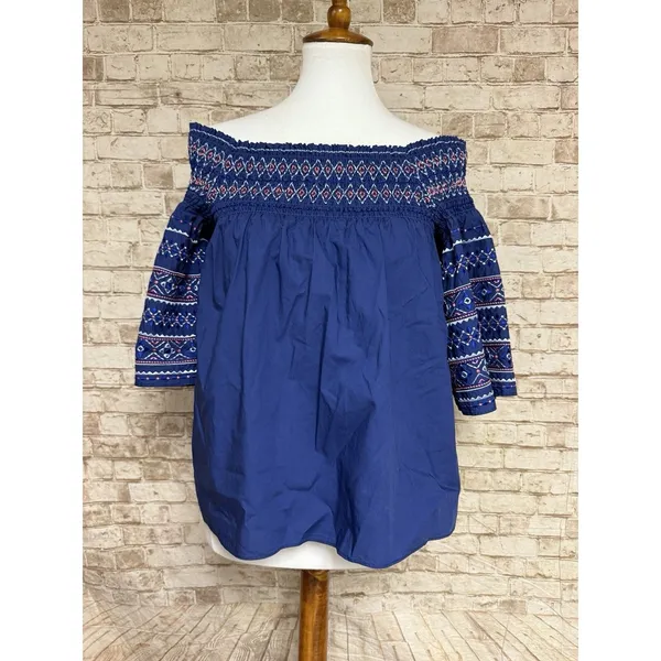 Parker Shirt‎ Off-Shoulder Top Multicolor Smocking XS ($265 Retail!) Navy Blue - Image 2