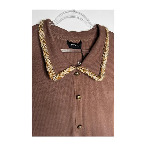Cider 2020s Brown Ribbed Midi Dress Gold Trim Stretch NWT Large - Image 3