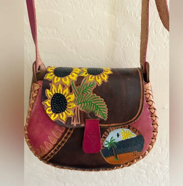 Colorful Leather Crossbody Bag with Sunflower Design - Image 2
