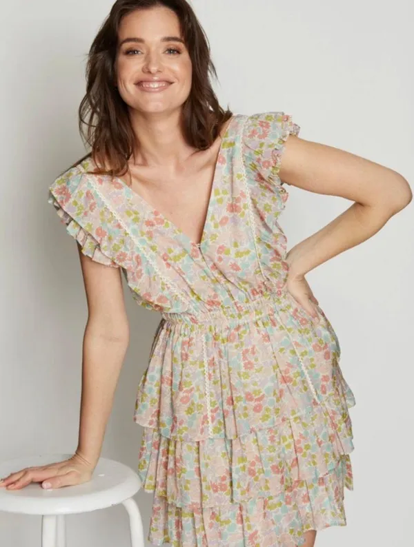 Anthropologie NWT Love The Label Ines Ivory Floral Tiered Ruffle Mini Dress - Image 5