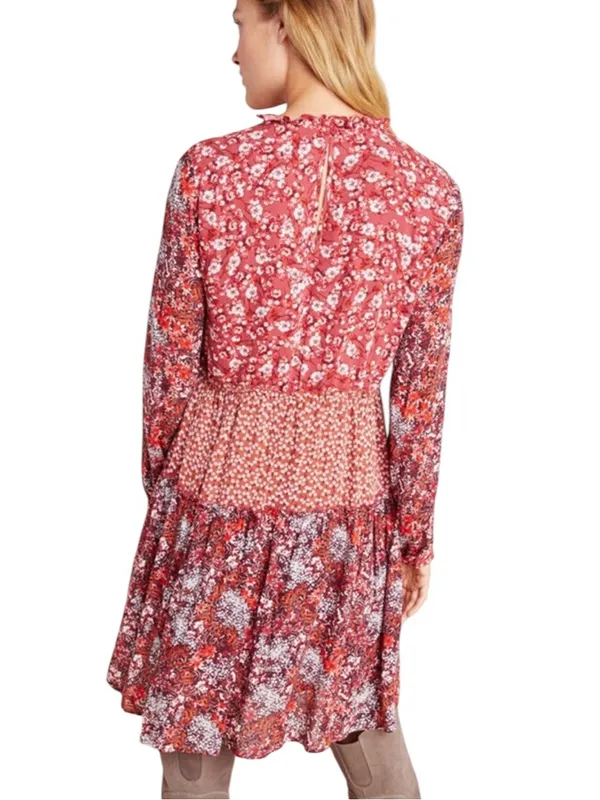 Anthropologie Maeve Esther Tiered Boho Tunic Mini Dress Red Floral Size S - Image 4