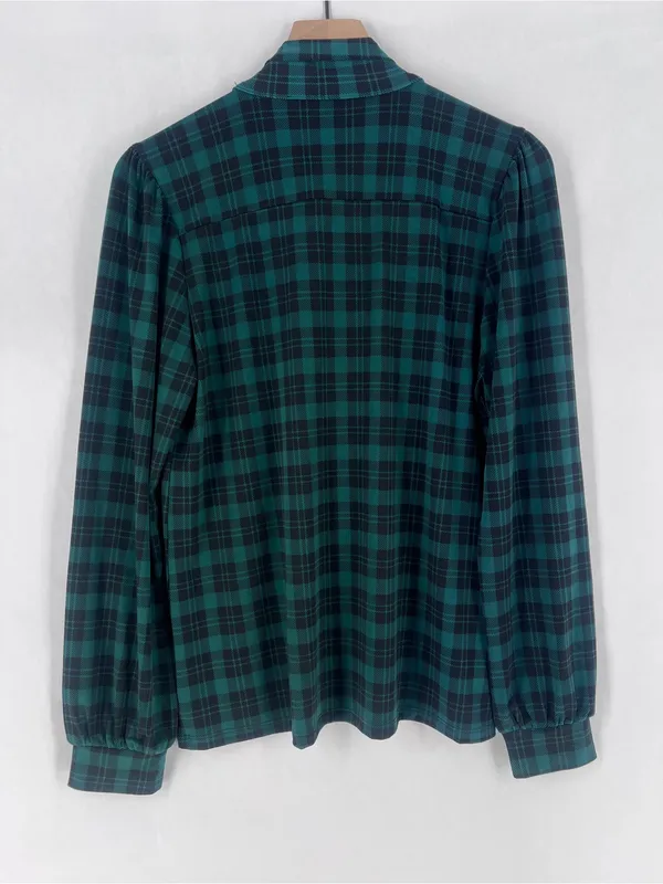 Ann Taylor Stretch Jersey Knit Green Black Plaid Tie-Neck Blouse Size S‎ - Image 9