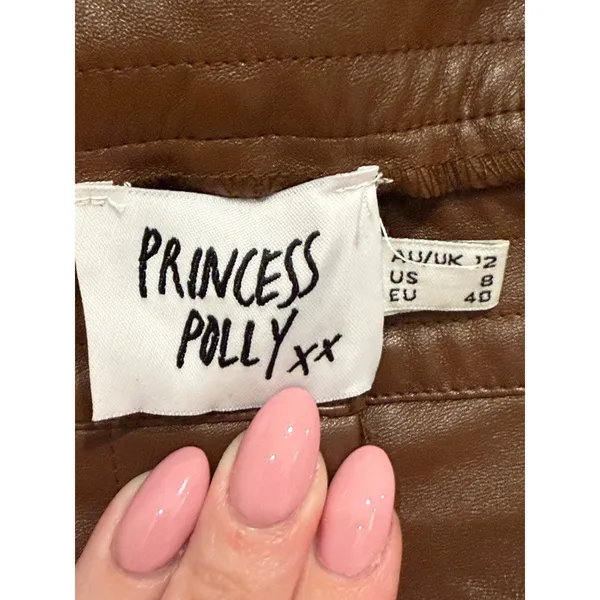 Princess Polly‎ Vegan Leather Pleated Pants Brown Tapered High Waist Sz 8 - Image 2