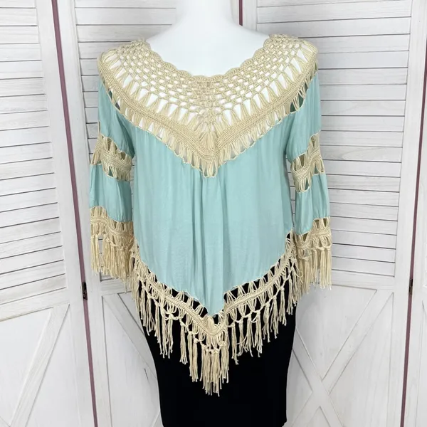 UMGEE Boho Peasant Crochet Fringe Hem Triangle Top‎ Teal Green Tan Large Hippie - Image 5
