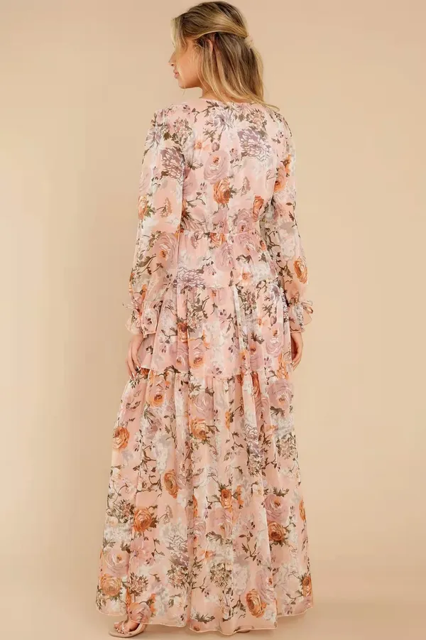 Orange Multicolor Boho Floral V-neck Long Sleeve Maxi Dress w/ Slit - Image 4