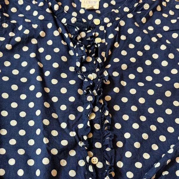 J. Crew Blue Polka Dot Blouse with Ruffle Detail Size Small C2-010 - Image 3