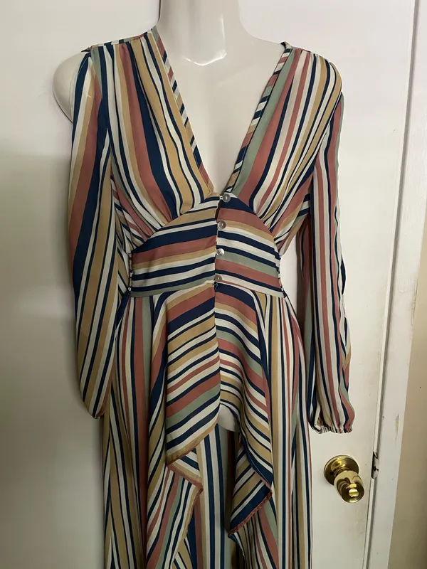 Penelope Asymmetric Stripe Long Sleeve Linen and Silk Shirtdress, featuring a V-neckline - Image 3