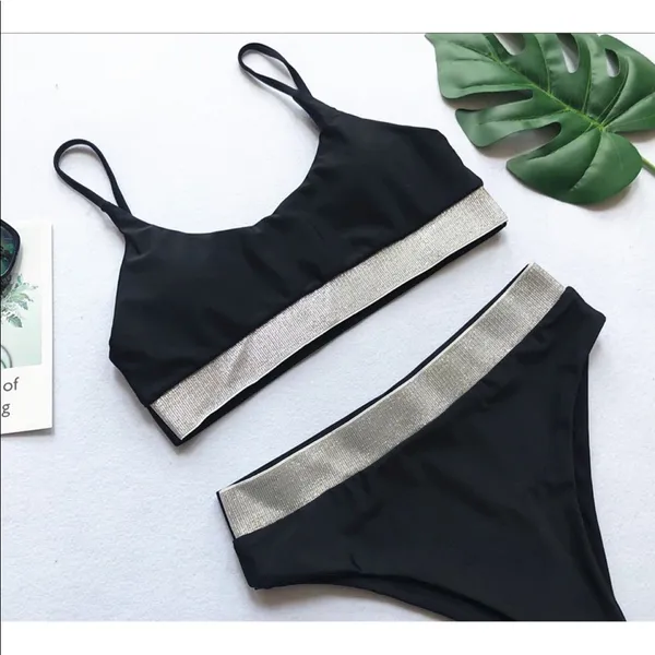 emma bling trim high waist swimsuits set black - Image 5