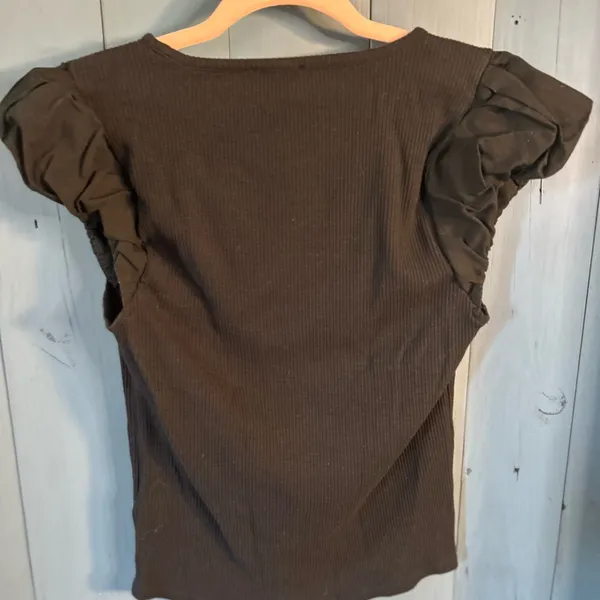 J. Crew Black Short Sleeve Top with Puff Sleeves Ruffle Detail | Medium - Image 4