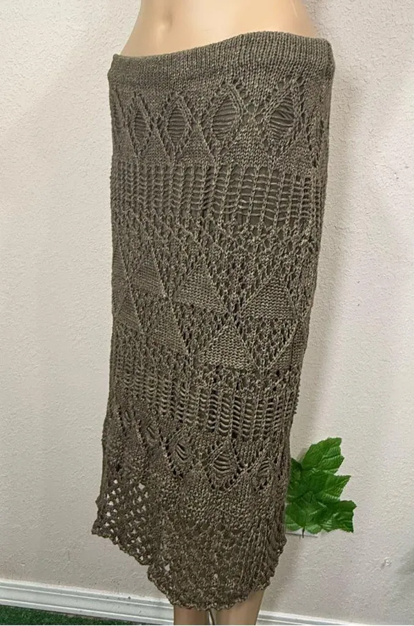 Olive Crochet Fringe Skirt Tan Size L - Image 4