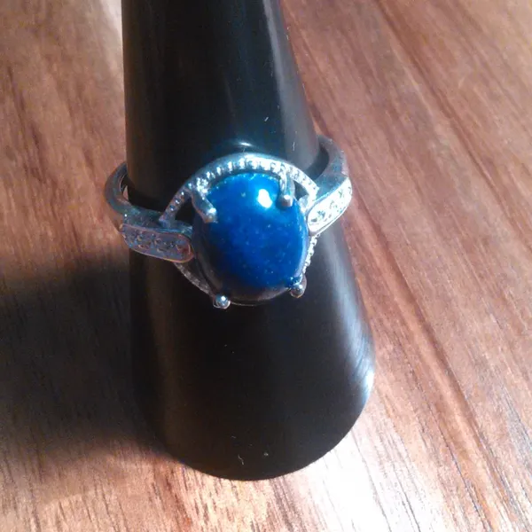 Lapis Lazuli and Simulated White Diamond Sterling Silver Ring (Size 8) - Image 11