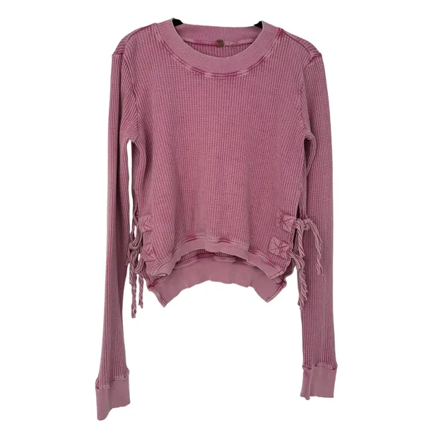 Free People FP One Interlaken Thermal Top Pink Cropped Lace-Up Sides Boho L - Image 3