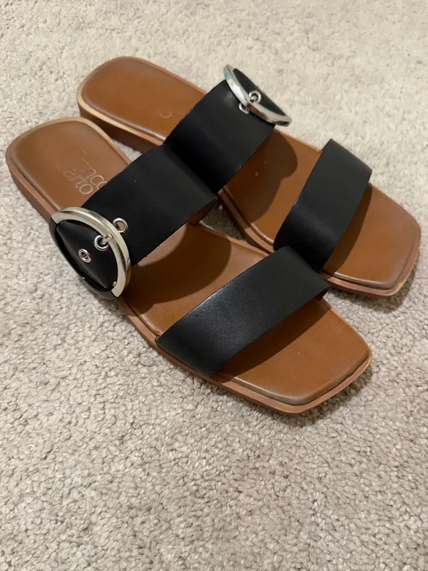 Franco Sarto Black Double-Strap Slide Sandals with Silver Buckle - Image 2