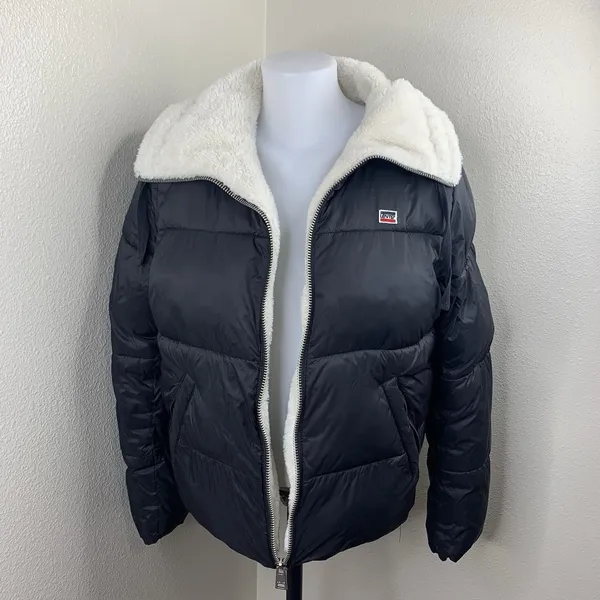 Levis Nylon Puffer Jacket Sherpa Black Sz L Women’s Zipper Coat - Image 3