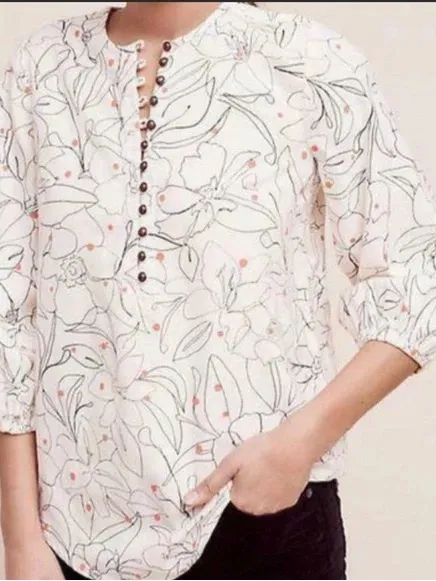 Maeve Anthropologie Bethesda Flannel Floral Polka Dor Front Buttoned Blouse sz M - Image 2