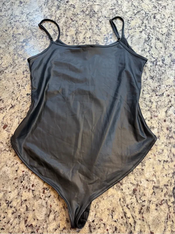 iris Black Faux Leather Zip-Front Bodysuit - Image 6