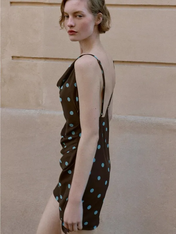 Zara Brown Mini Dress with Blue Polka Dots - Image 3
