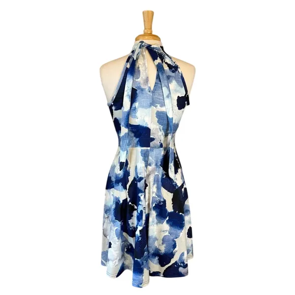 Elegant Blue and White Tie Halter Dress Medium - Image 3