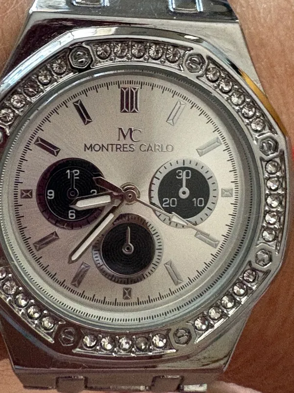Montres Carlo Rhinestone Bezel Chronograph-Style Watch Silver Tone - Image 4