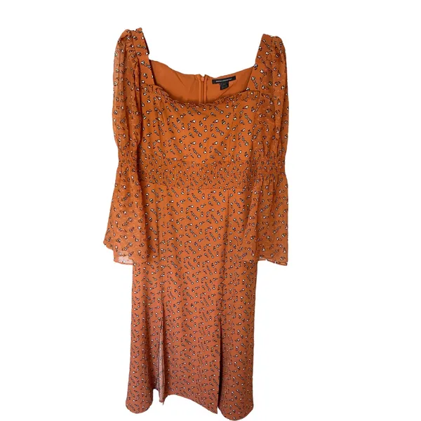 French Connection Dress Orange Floral Square Neck‎ Long Sleeve Midi - Image 3