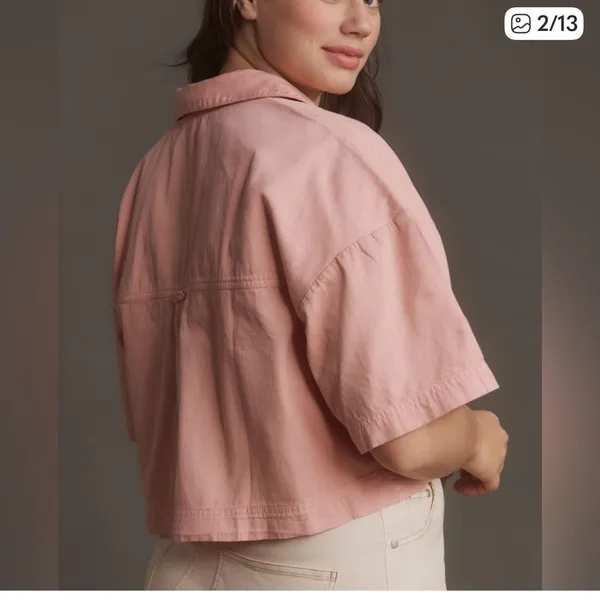 Pilcro Soft Pink Cropped‎ Boxy Short-Sleeve Top twill denim small - Image 2