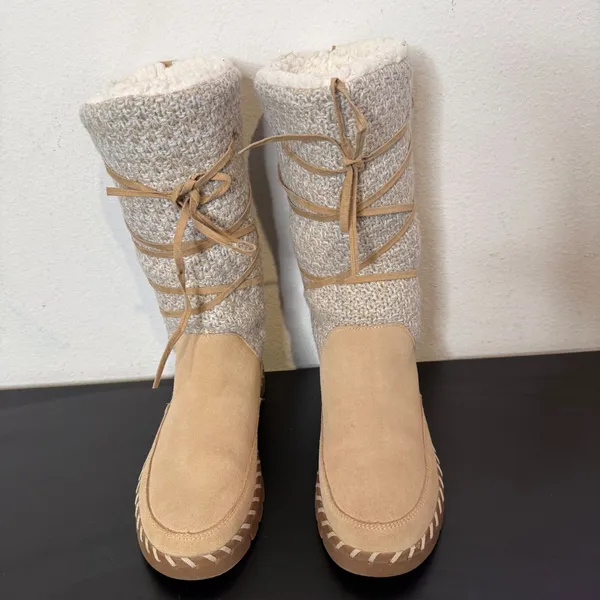 Muk Luks Womens Sweater‎ Knit Boots Mid Calf Size 9.5 Suede Leather Strappy Fur - Image 2