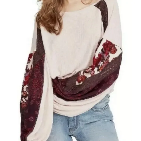 Free People Womens Casual Clash Waffle Top In‎ Rose Balloon Sleeves Boho Sz S - Image 2