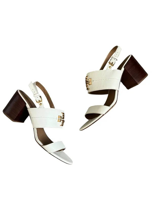 Tory Burch Women’s Eleanor White Leather Gold Metal Block Heel Sandals Size 9.5 - Image 6