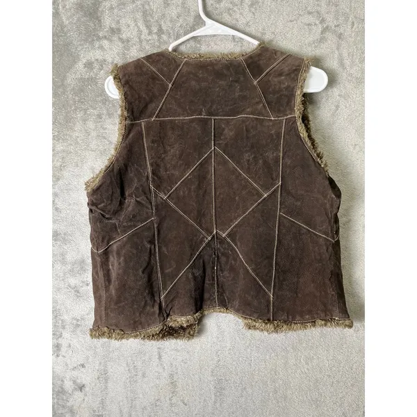 Vintage Y2K Brown Leather PatchWork Moto‎ Vest Grunge Boho Cozy Layered Jacket M - Image 4