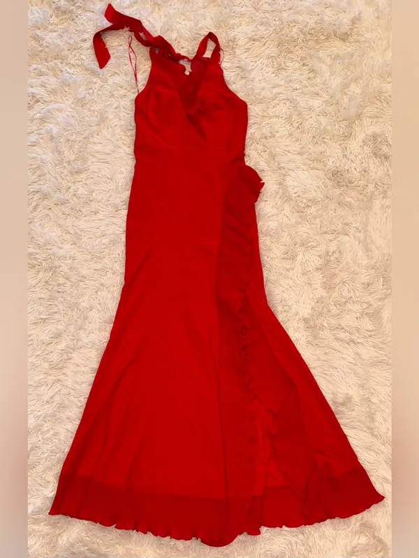 NEW Dress The Population Kathleen Ruffle Halter Gown with Train Rogue Red Sz S - Image 4