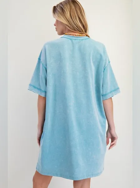 Easel | BOHO PATCH MINERAL WASHED T-SHIRT DRESS BLUE, M - Image 3