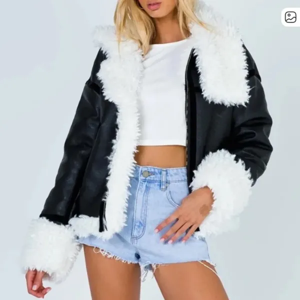 Lioness Black Faux Leather Jacket with White Shearling Trim - Image 2