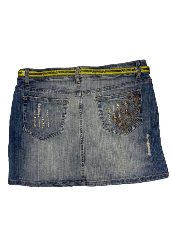 Vintage Y2K Southpole Jeans Sequin Distressed Denim Mini Skirt Size 13 - Image 2
