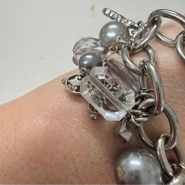 Silver Tone Chunky Charm Bracelet Hearts Rose Rhinestone - Image 7