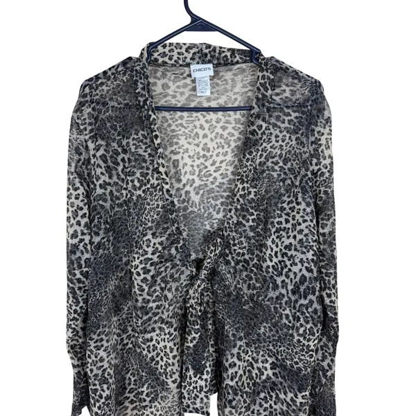 Chico's Metallic Leopard Print Sheer Mesh Tie Front Cardigan Gray Black Size XL - Image 2
