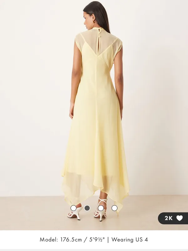 ASOS Pale Yellow Handkerchief-Hem Midi Dress - Image 2