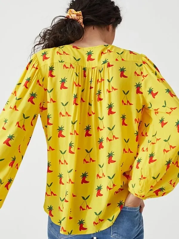 Anthropologie Kendra Dandy Dreamer Yellow Heel Print Tie Front Blouse size 0 - Image 2