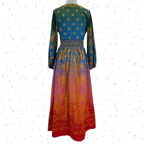Farm Rio Smocked-Waist Dress Anthro Paisley Long Sleeve Boho Jewel Tone Size S - Image 3
