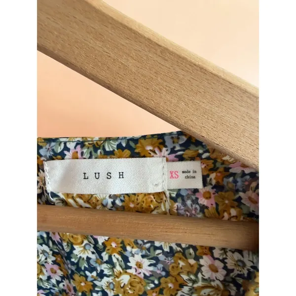 Lush Floral Mini Dress Teal Mustard Puffed Long Sleeve Sweetheart Tie XS‎ - Image 3