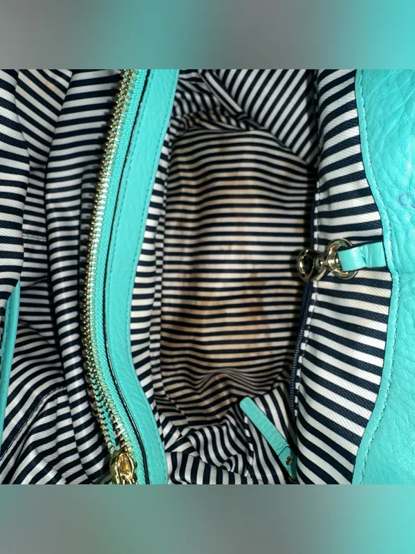KATE SPADE Turquoise Satchel Purse Handbag Striped Interior Roomy - Image 8