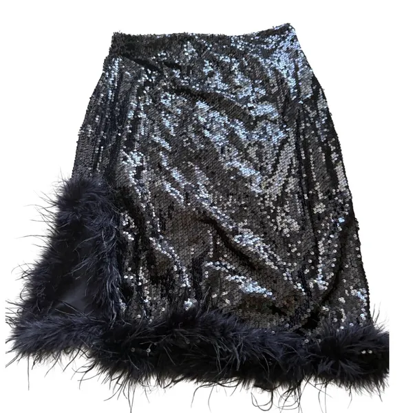 Beulah Style Black Sequin Midi Skirt with Feather Trim Side Slit Size Medium NEW - Image 2