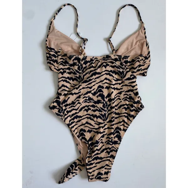 Baltic Born Cyprus One Piece‎ Swimsuit Animal Stripe Tan Black Cutout S0437B M - Image 3