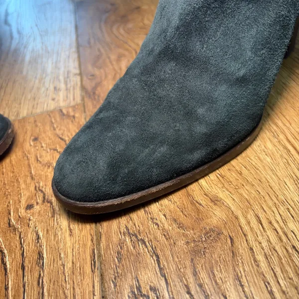Theory Black Suede Ankle Boots Brown Buckle Stacked Heel Made in Italy Size 7.5 - Image 9