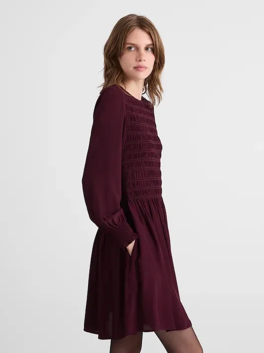 Madewell Long Sleeve Smocked Mini Dress Dark Pomegranate Purple NWT $148‎ Large - Image 2